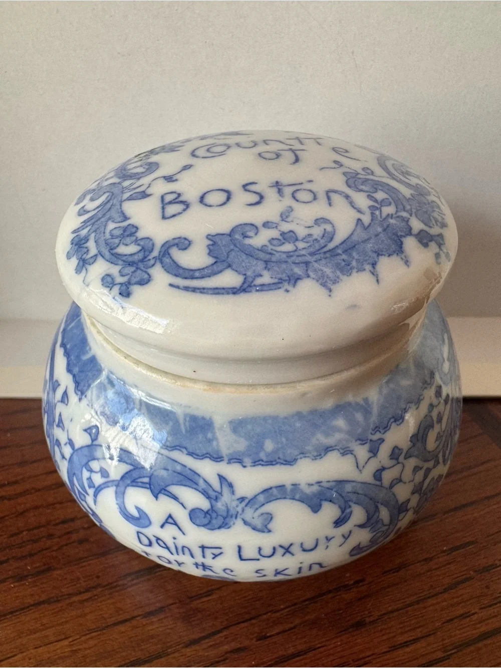 Antique Cobalt Blue Countie of Boston Magda Toilet Porcelain Cream Jar Pot Lid